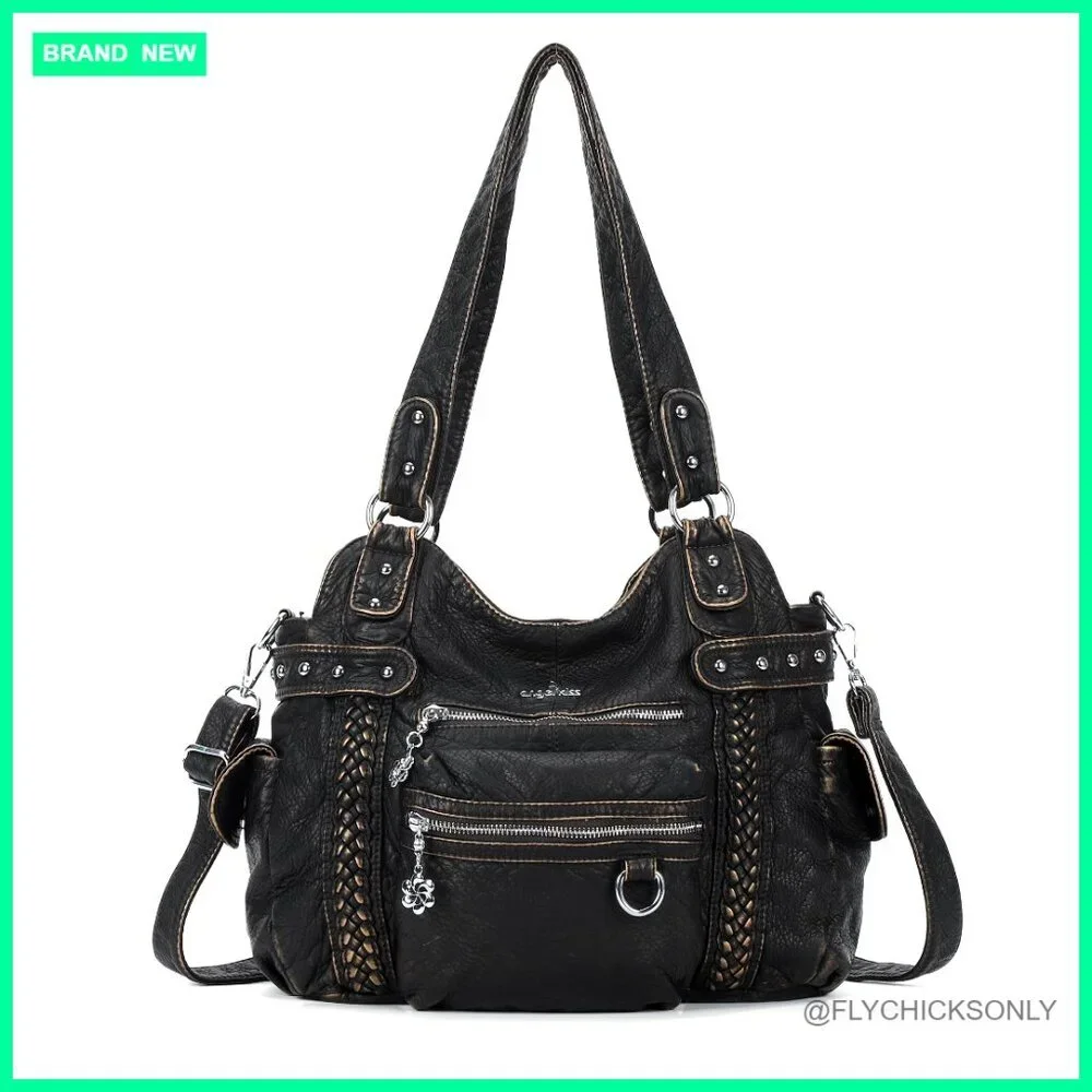 Soft PU Leather Hobo Shoulder Bag with 12 Pockets, Adjustable Strap